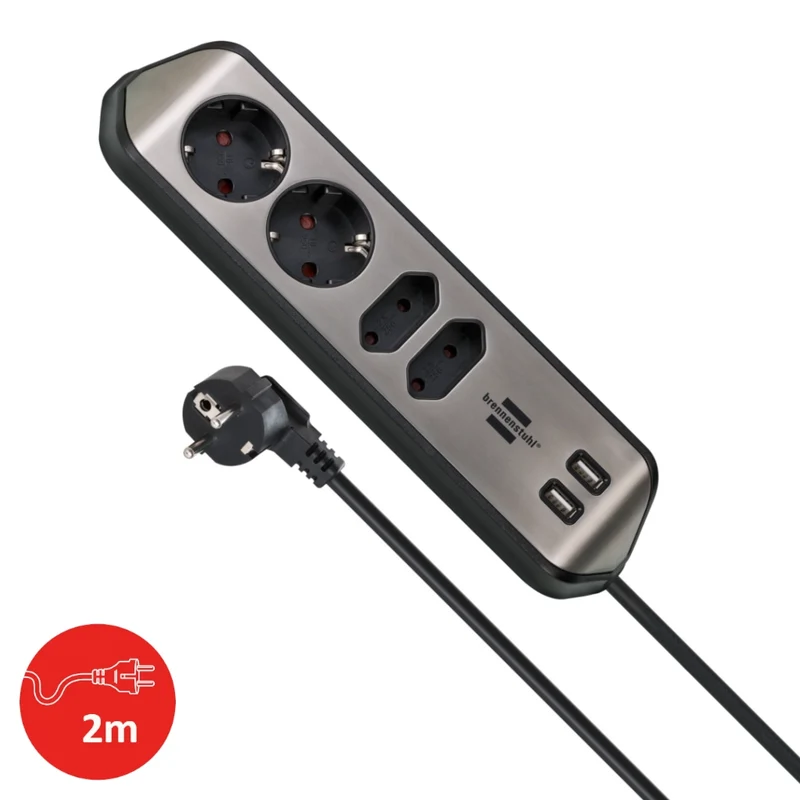 Brennenstuhl Eck-Steckdosenleiste 4-fach 2xUSB Edelstahl / schwarz (1153590410)