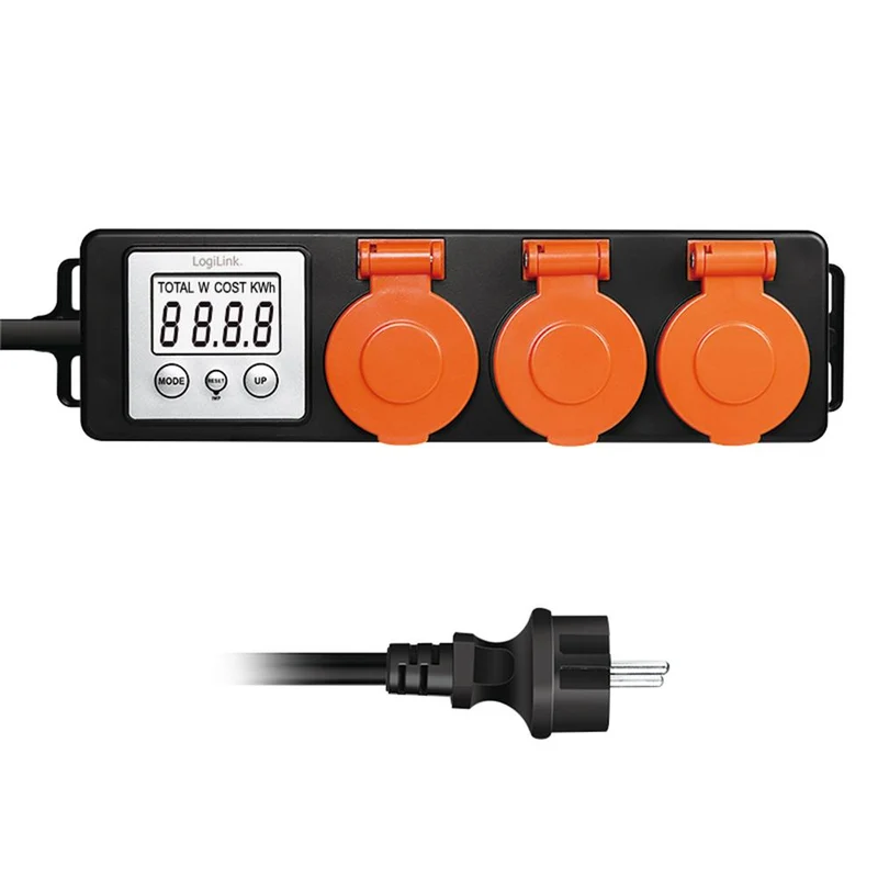LogiLink 3-fach Außensteckdosenleiste mit Energiekostenmesser & IP44 – Stromverbrauch im Garten messen